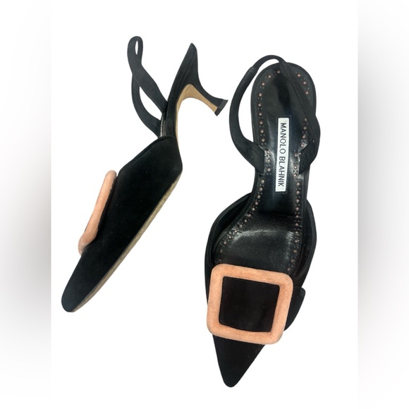 Manolo Blahnik Maysli Buckle Slingback in Suede Kitten Heel Black Size 37 - Picture 5 of 7